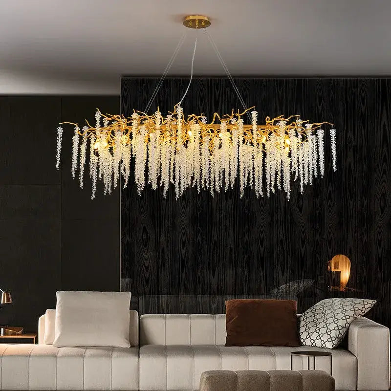 Golden branch crystal tassel chandelier dining room pendant light with gold-toned frame and decorbites crystal tassel strands