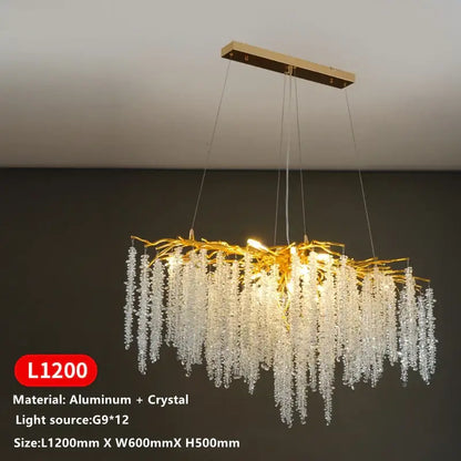 Gold-toned golden branch crystal tassel chandelier with aluminum frame and cascading decorbites crystal droplets for dining room