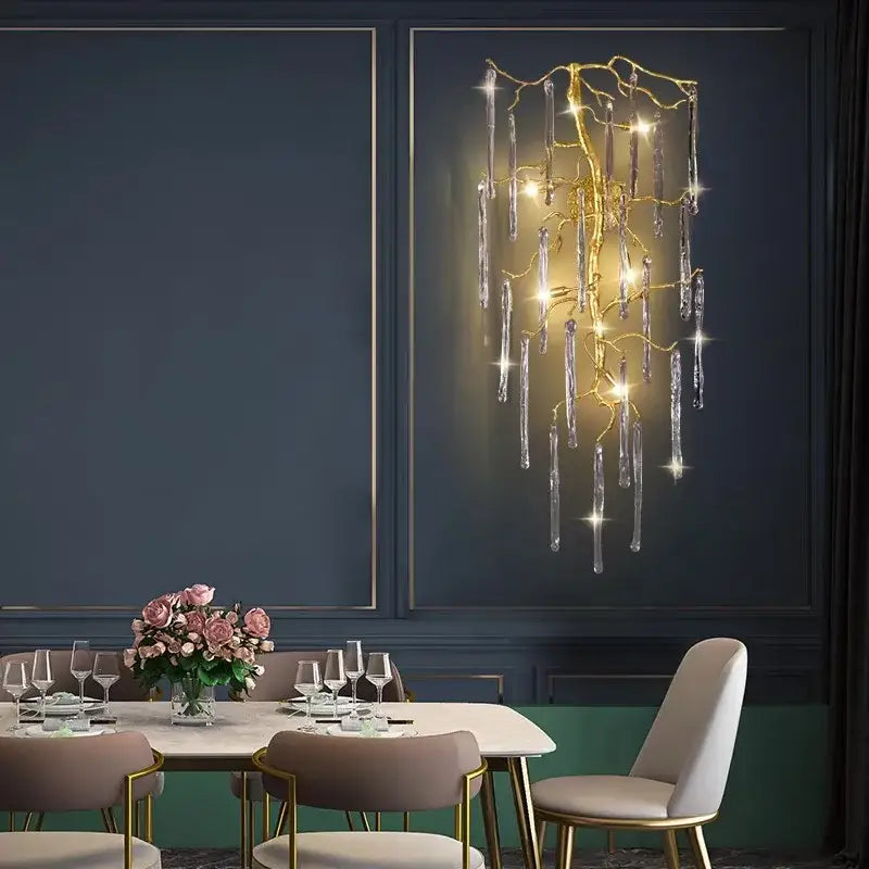 Golden branch crystal wall lamp with gold-toned chandelier and icicle-like crystals for elegant bedroom decorbites crystal wall light