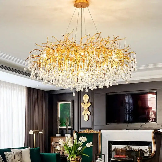 Golden branch crystal water drop led chandelier with cascading clear crystal droplets for living room decorbites crystal water