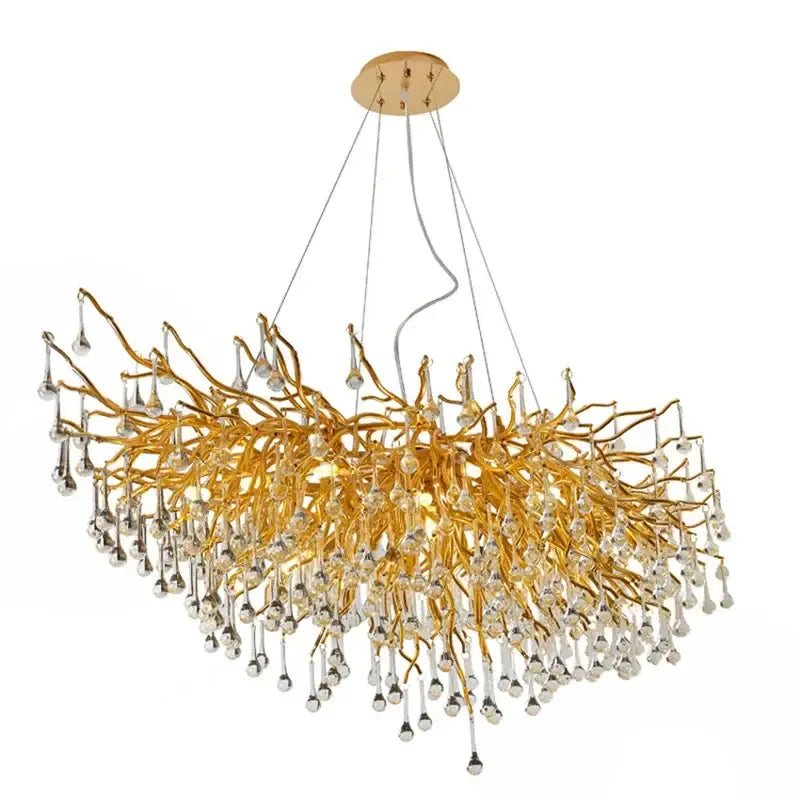 Golden branch crystal water drop led chandelier with dangling crystal droplets for elegant living room decorbites lighting