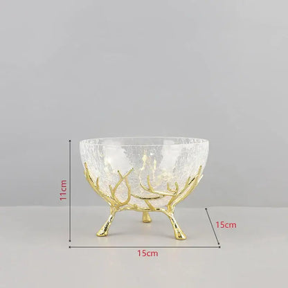 A clear crackled glass bowl set with golden branches metal antler-like stand for elegant kitchen decorbites decorbites golden branches