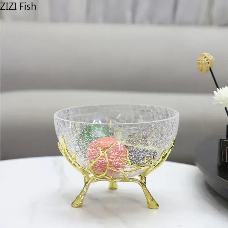 Clear crackled glass bowl set with golden branches metal base for elegant kitchen decor by decorbites golden branches