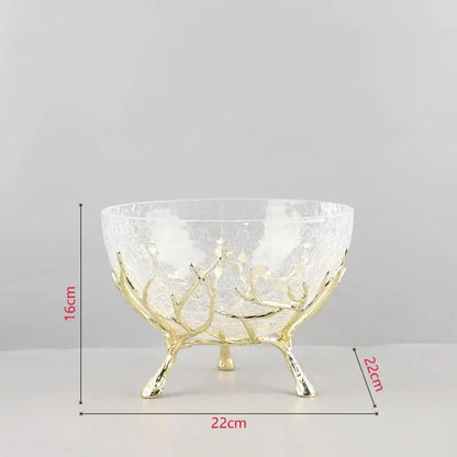 Clear crackled glass bowl set with golden branches antler-like metal legs for kitchen decor by decorbites golden branches