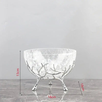 Clear glass crackled bowl set with silver toned metal tree branch legs decorbites golden branches kitchen decor