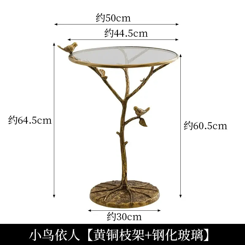 Golden brass bird tree side table with decorbites brass bird tree stand and clear tempered glass top for living room decor
