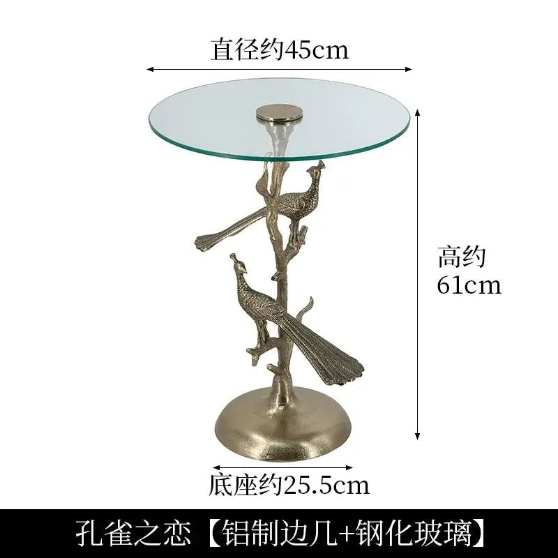Golden brass bird tree side table with clear tempered glass top and brass bird peacock base for living room decorbites brass bird