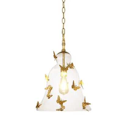 Golden butterfly bedhead glass pendant lamp with gold-toned metal butterflies and brass chain for dining room pendant lamp