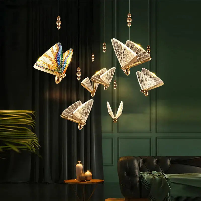 Golden butterfly led pendant light with intricate iridescent wings for bedroom and dining room decorbites butterfly led decor