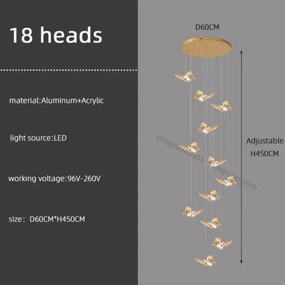 Gold-toned butterfly chandelier pendant light with 18 led heads on aluminum acrylic mount for staircase living room