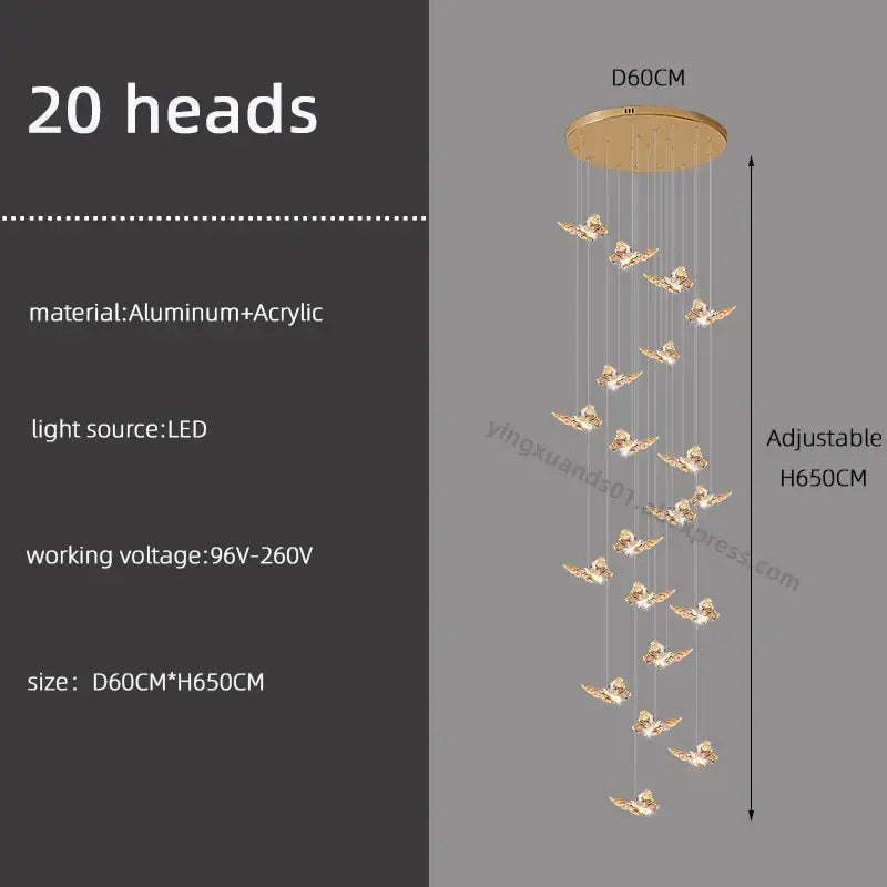 Gold-toned butterfly chandelier staircase pendant light with 20 led butterfly light heads on aluminum base