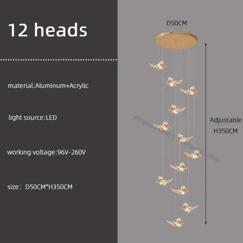 Gold-toned butterfly chandelier staircase pendant light with 12 illuminated aluminum and acrylic heads for living room