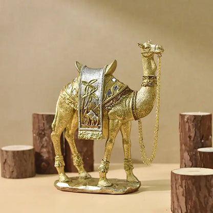 Golden camel resin sculpture with intricate silver and gemstone detailing from decorbites golden office decor set
