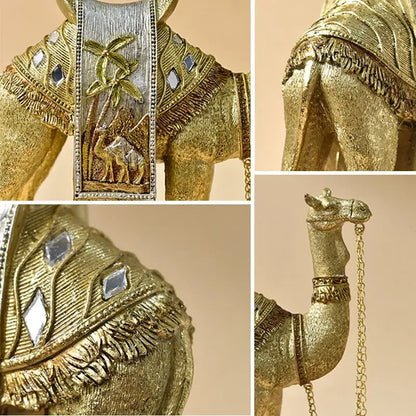 Golden camel resin sculpture with intricate detailing mirrored embellishments and decorative chain for decorbites golden camel office decor