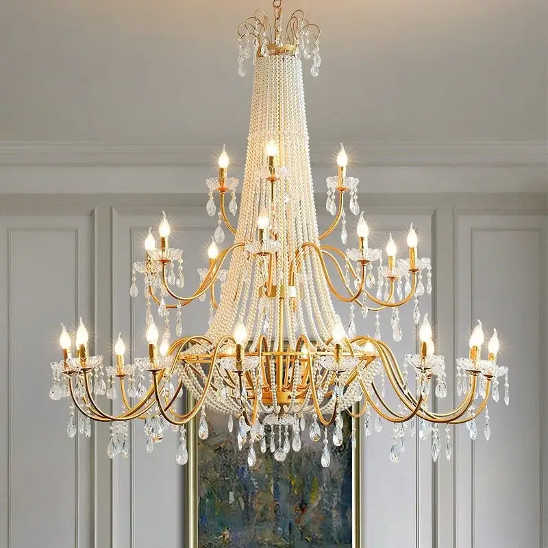 Golden cascading crystal led chandelier pendant light with teardrop crystals for villa stairs decorbites crystal led