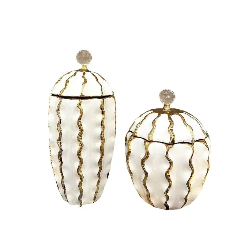 Decorbites golden checkmate ceramic white and gold decorative jar with textured wavy pattern for living room decor