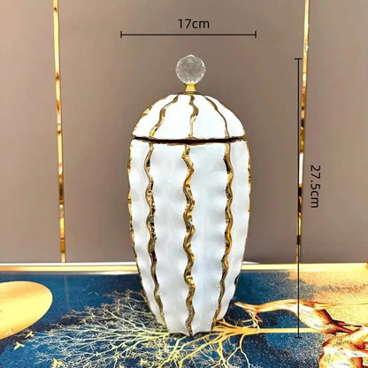 White ceramic decorbites golden checkmate jar with gold wavy stripes and crystal knob for living room decor