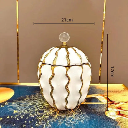 Golden checkmate ceramic white and gold decorative jar with faceted crystal lid for living room decorbites decorbites golden checkmate