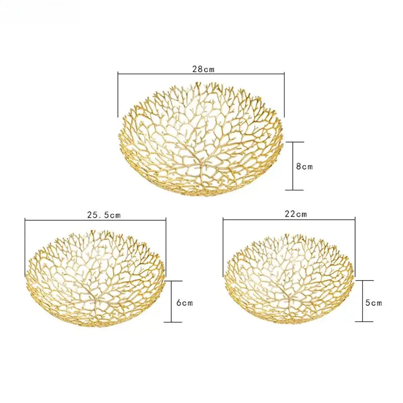 Gold-colored metal tray dining room fruit bowl featuring intricately woven decorbites coral shapes design