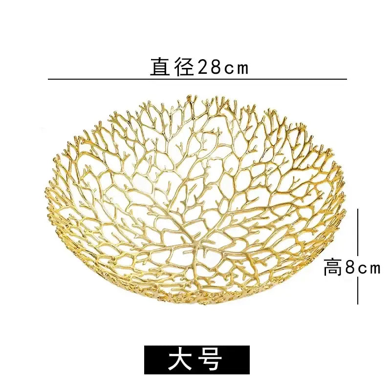 Golden metal tray featuring intricately woven coral shapes decorbites coral shapes fruit bowl 28 cm diameter 8 cm height