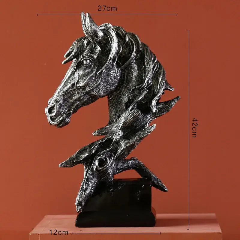 Black and silver resin horsehead figurine with textured mane on dark base perfect for decorbites country resin office decor
