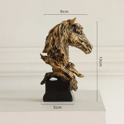 Golden country resin horsehead figurine with detailed mane mounted on dark wooden base for office decorbites country resin decor