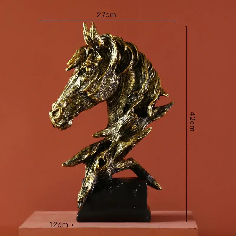 Golden country resin horsehead figurine with intricate mane and detailed features on black base for office decorbites decor