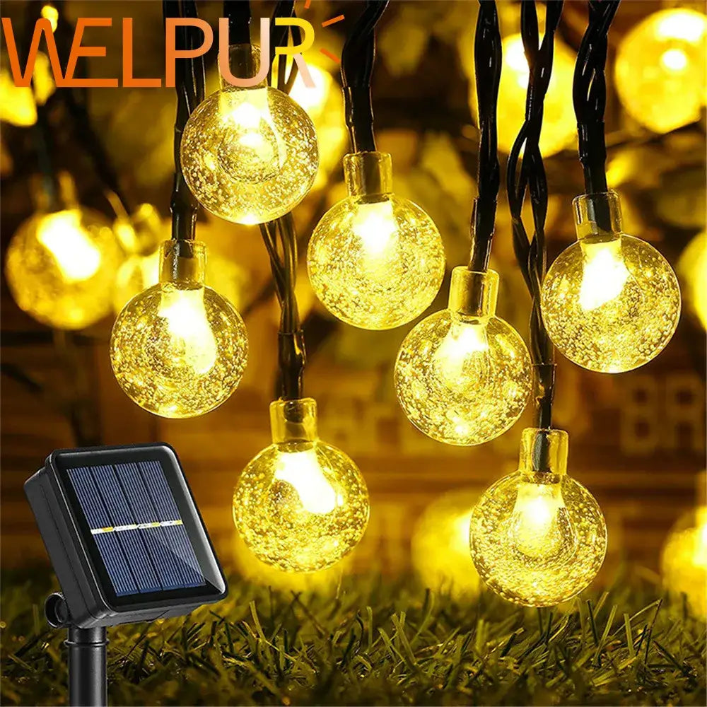Welpur golden crackled glass solar fairy lights with crystal ball bulbs for garden decor and outdoor use