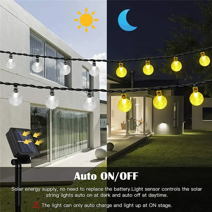 Golden crackled glass crystal ball solar fairy lights with warm glowing clear globe bulbs for garden decor at night