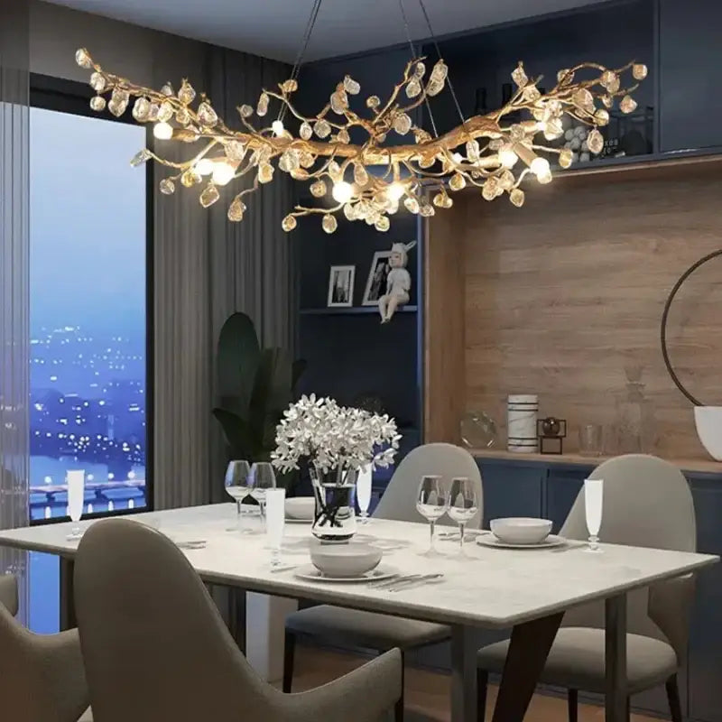 Golden crystal branch ceiling chandelier with warm glowing bulbs and crystal droplets for dining room decorbites crystal branch