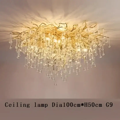 Golden crystal branch chandelier led living room ceiling light with intricate branching arms and dangling teardrop crystals decorbites crystal branch