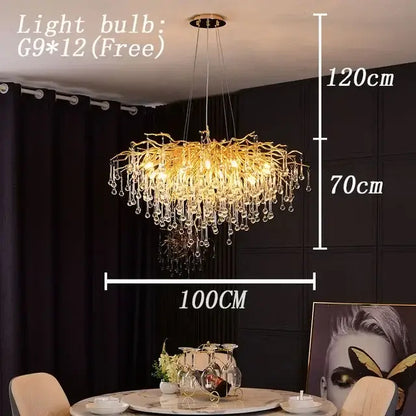Golden crystal branch chandelier led living room ceiling light with dangling crystal droplets decorbites crystal branch