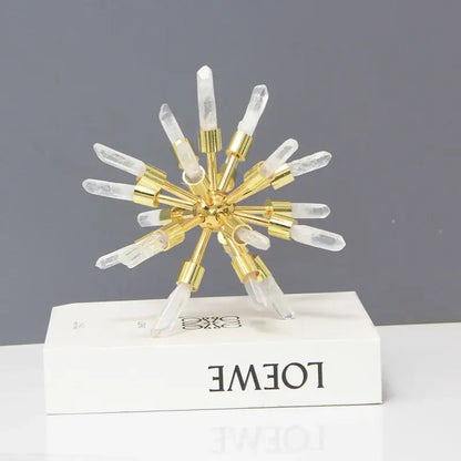 Golden crystal metal sea urchin figurine with clear quartz crystal points for elegant living room decorbites decorbites crystal metal
