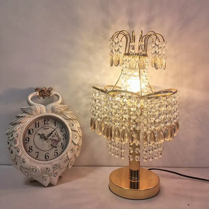 Golden crystal table lamp with teardrop accents and gold-toned metal base for bedroom decorbites crystal table lighting