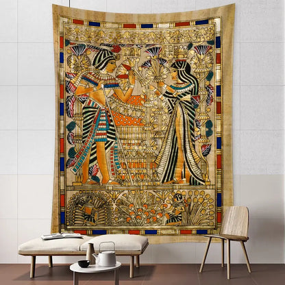 Golden egyptian pharaoh tapestry with intricate gold orange black and blue patterns depicting ancient ceremonial figures for bedroom decor