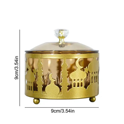 Golden eid mubarak metal snack tray with intricate islamic cutouts and clear crystal knob lid dining room bowl