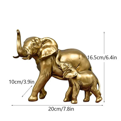 Golden family elephant resin figurine featuring a mother and calf in standing pose for living room decorbites elephant decor