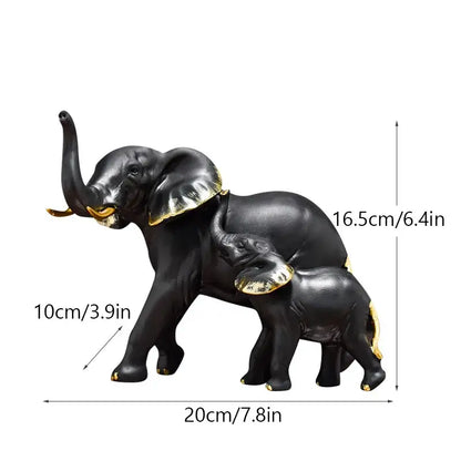 Black decorbites elephant resin figurine family with gold-trimmed ears trunk tusks and feet for living room decor