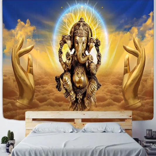 Golden ganesha elephant bergamot tapestry with intricate detailing and radiant halo for bedroom celestial decorbites decor