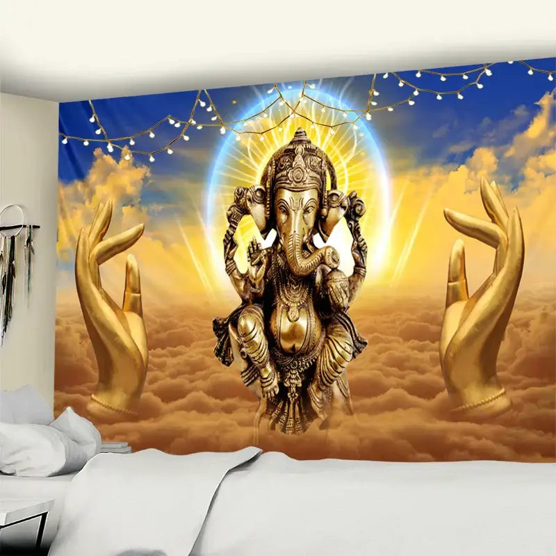 Golden ganesha elephant bergamot tapestry with intricate detailing against a radiant blue and gold sky decorbites elephant bergamot