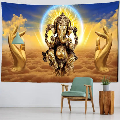 Golden ganesha elephant bergamot tapestry with intricate detailing and radiant halo for bedroom celestial decorbites decor