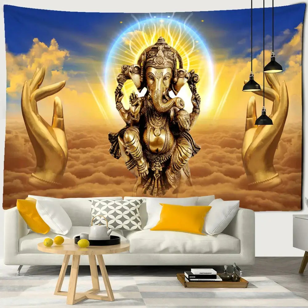 Golden ganesha elephant bergamot tapestry with intricate detailing and radiant halo for bedroom celestial decorbites decor