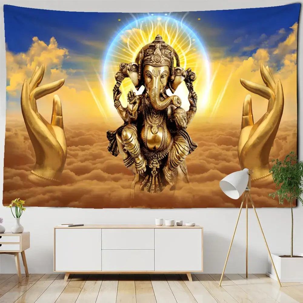 Golden ganesha elephant bergamot tapestry with intricate detailing radiant halo and cloud background for bedroom decor