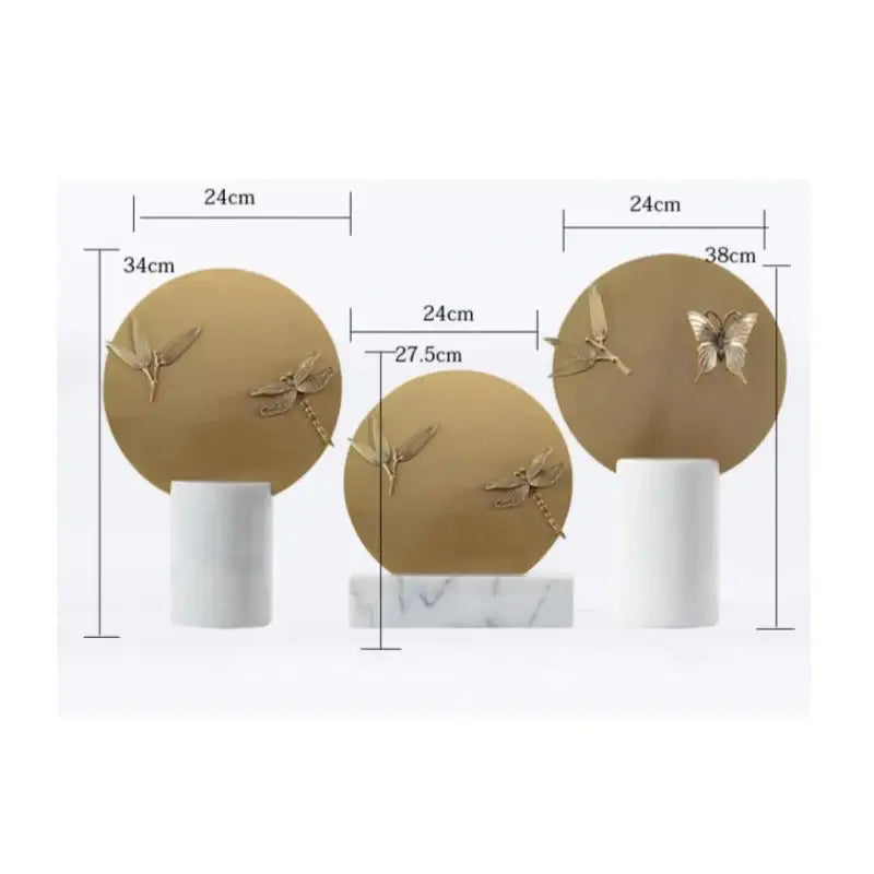Set of three gold-toned figurine set with dragonfly and butterfly on matte bronze plaques for home decor by decorbites golden geometric