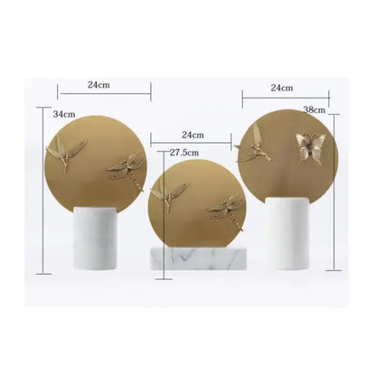 Set of three gold-toned figurine set with dragonfly and butterfly on matte bronze plaques for home decor by decorbites golden geometric