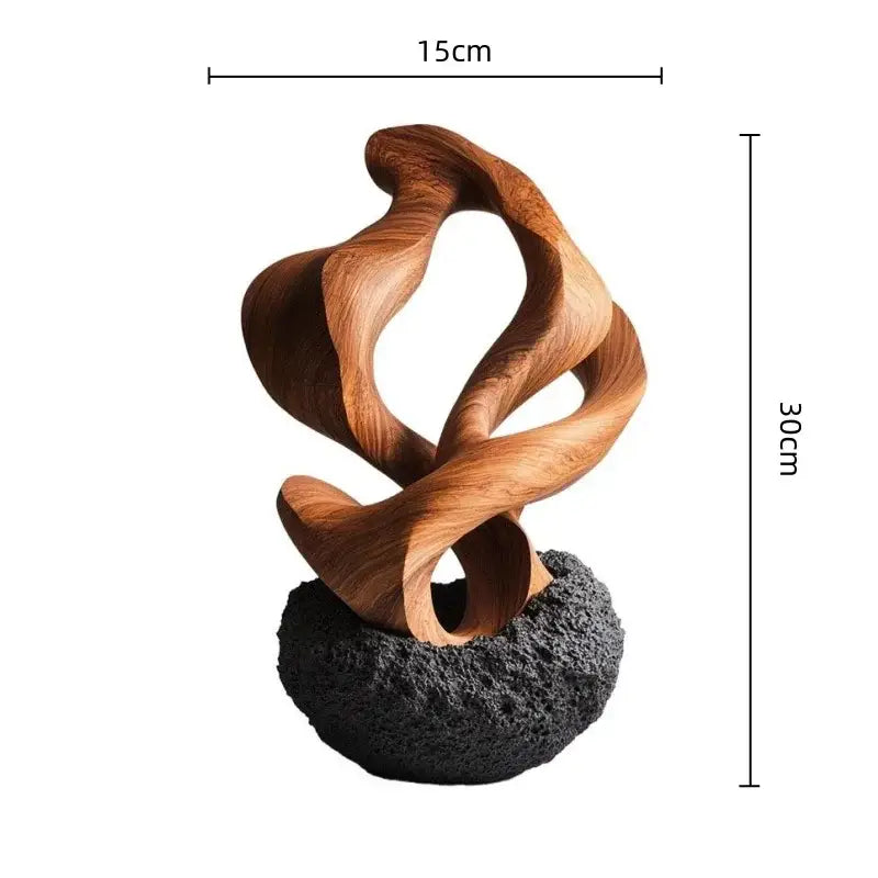 A sleek 30cm tall golden geometric tree wooden sculpture with flowing curves on volcanic rock for living room decorbites decor