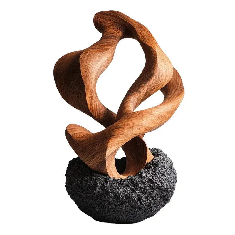 A golden geometric tree hole sculpture made of sculpted wood with flowing curves on a dark volcanic rock base decorbites