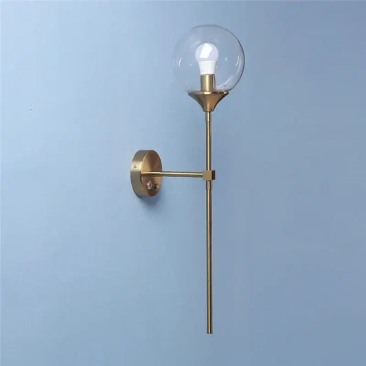 Brass-finished decorbites golden glass ball led wall light with clear glass globe and exposed bulb for bedroom sconce