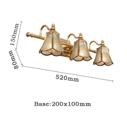 Gold-toned wall-mounted vanity light fixture with three textured frosted glass shades for decorbites golden glass mirror cabinet