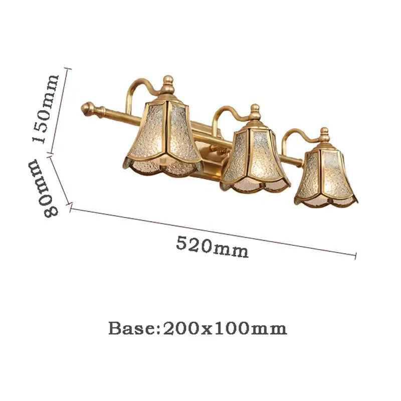 Gold-toned decorbites golden glass wall-mounted vanity light with three textured frosted bell-shaped shades for bedroom use
